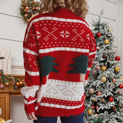 Green Christmas Sweater with Tree Embroidery - Casual Loose Retro Style