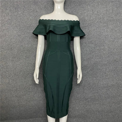 Green Ladies Bandage Dress with Ruffles and Slash Neck, Bodycon Knee-Length Christmas Party Dress