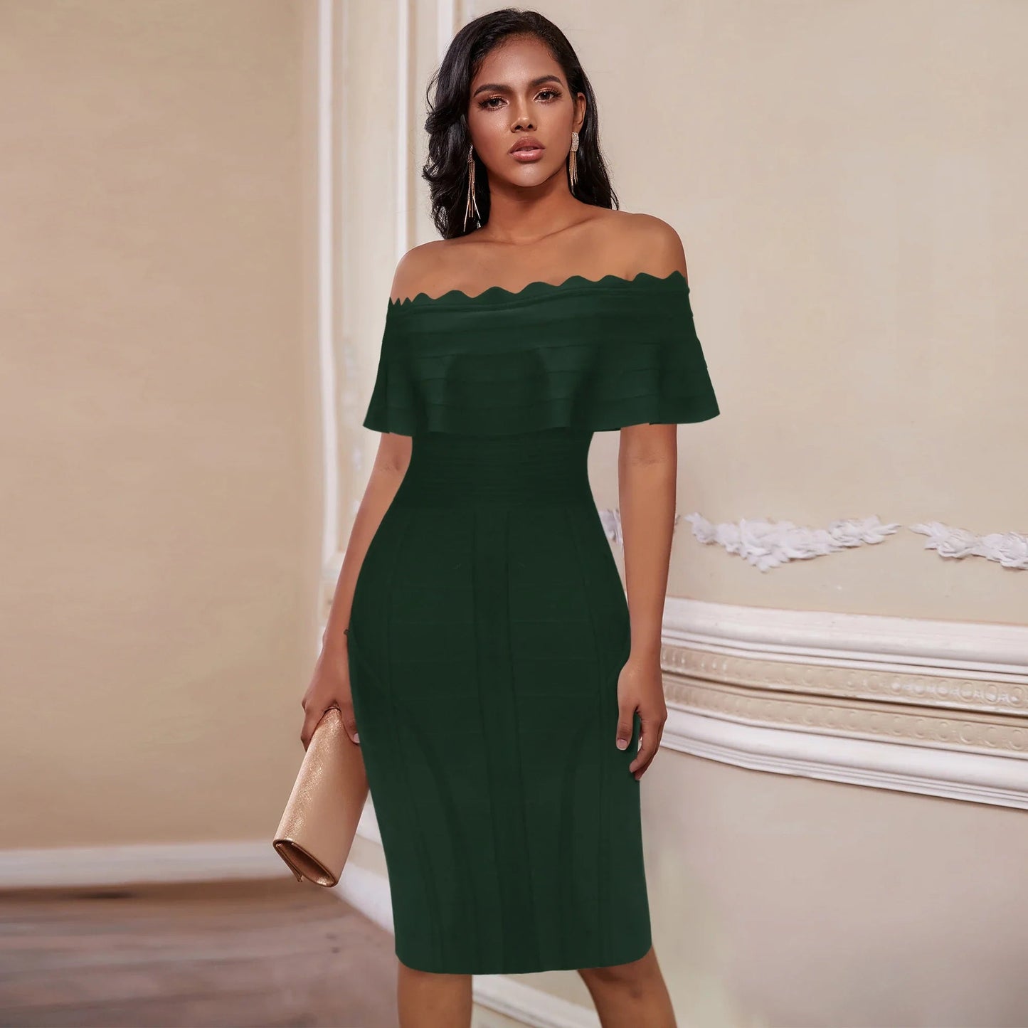 Green Ladies Bandage Dress with Ruffles and Slash Neck, Bodycon Knee-Length Christmas Party Dress