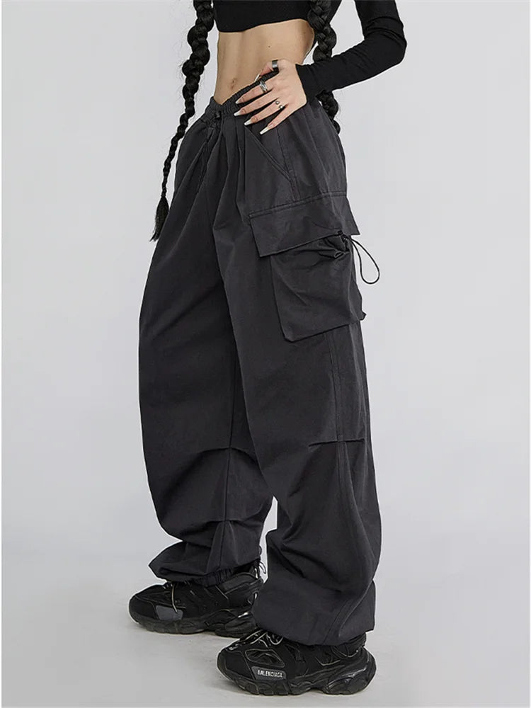 Cyber Y2K Red Parachute Hip Hop Cargo Oversized Punk Wide Leg Pant