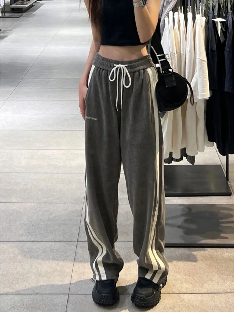 Harajuku Gray Corduroy Side Striped Baggy Jogger Wide Leg Pant