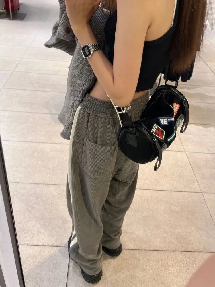 Harajuku Gray Corduroy Side Striped Baggy Jogger Wide Leg Pant