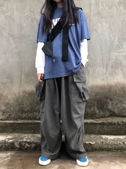 Gray Cargo Women Harajuku Grunge Baggy Japanese Style Oversize Wide Leg Pant