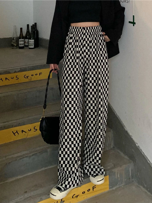 Black White Plaid Women Harajuku Wide Leg Checkerd Streetwear Pant