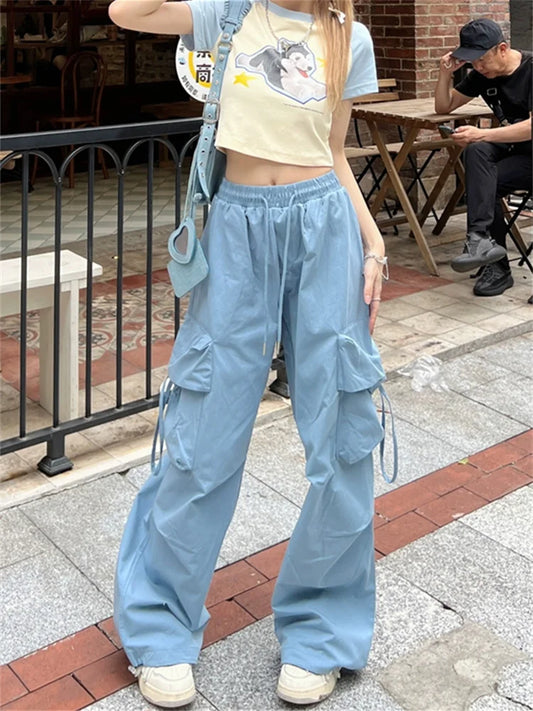 Korean Style Blue Cargo Y2K Streetwear Retro Parachute Oversize Pant