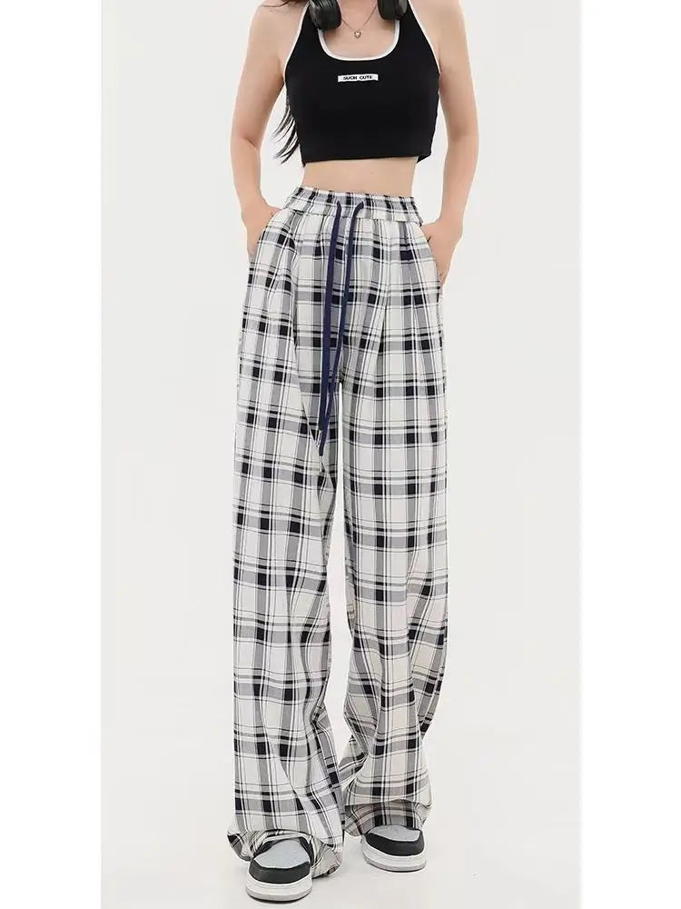 Red Plaid Women Y2K Korean Style Oversize Checked Baggy Sweatpants