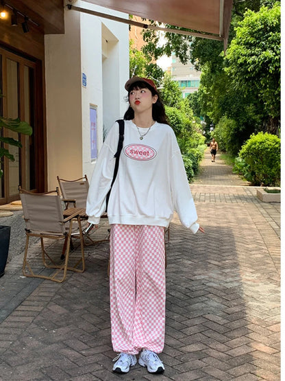 Pink Plaid Women Korean Fashion Oversized Jogging Pant