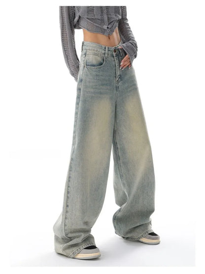 Retro Distressed Blue Baggy Women Y2k Grunge Wide Leg Denim Pant