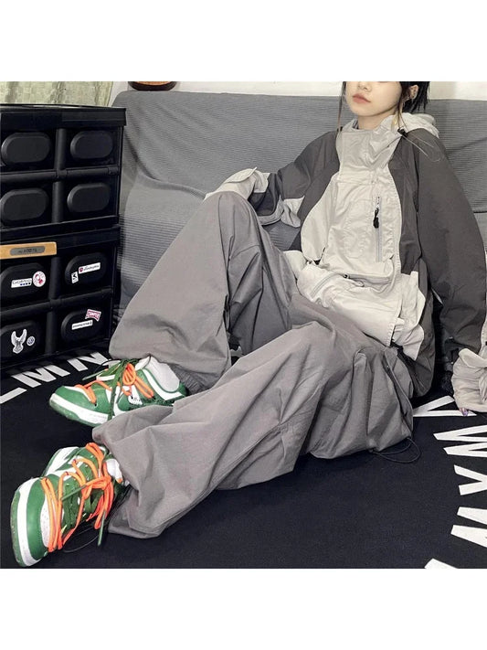 Gray Parachute Women Y2K Retro Hippie Baggy Streetwear Oversize Wide Leg Cargo Pant