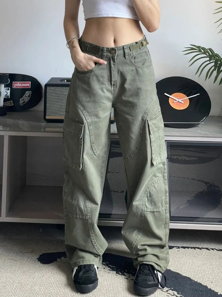 Y2K Green Cargo 90s Streetwear Wide Leg Denim Multy Pockets Pant