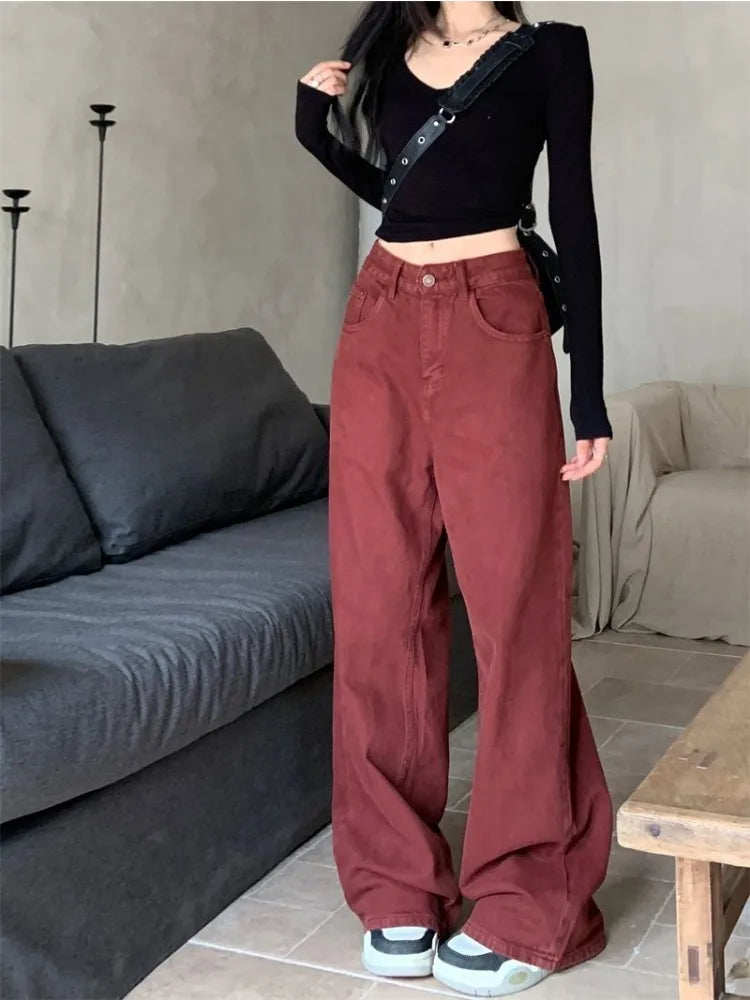 Red Oversize Denim Acubi Fashion High Waist Pant