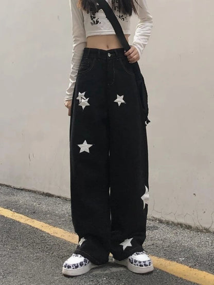 Retro Print Black Cargo Women Gothic Punk Oversize Pant