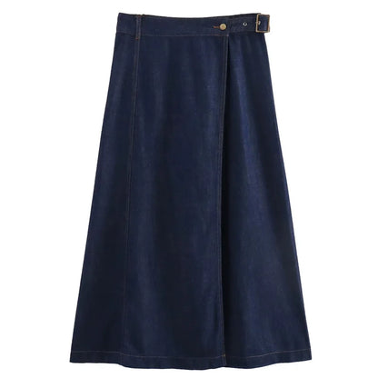 Denim Long Wrap Slit A-Line Style Elegant Holiday Skirt