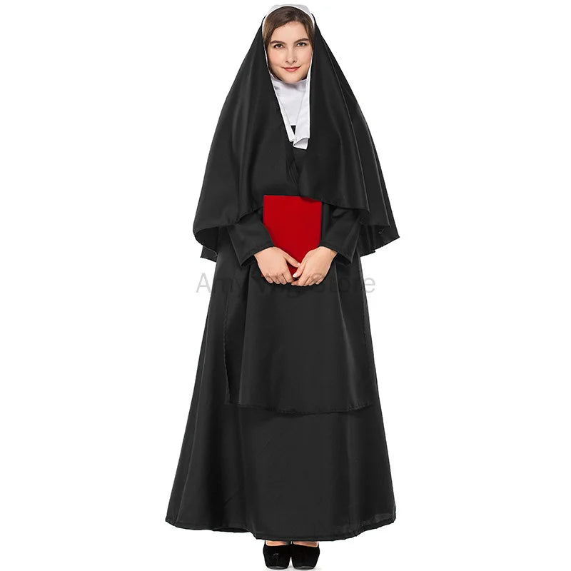 Plus Size Nun Black Robe Religious Priest Sister Cosplay Party Costume