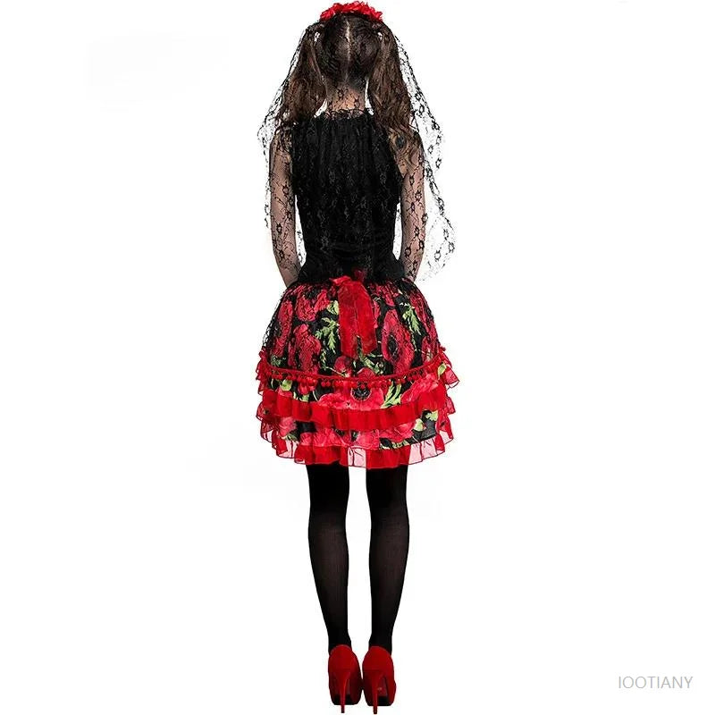 Halloween Sugar Skull Flower Fairy Ghost Bride Witch Cosplay Day of the Dead Costume