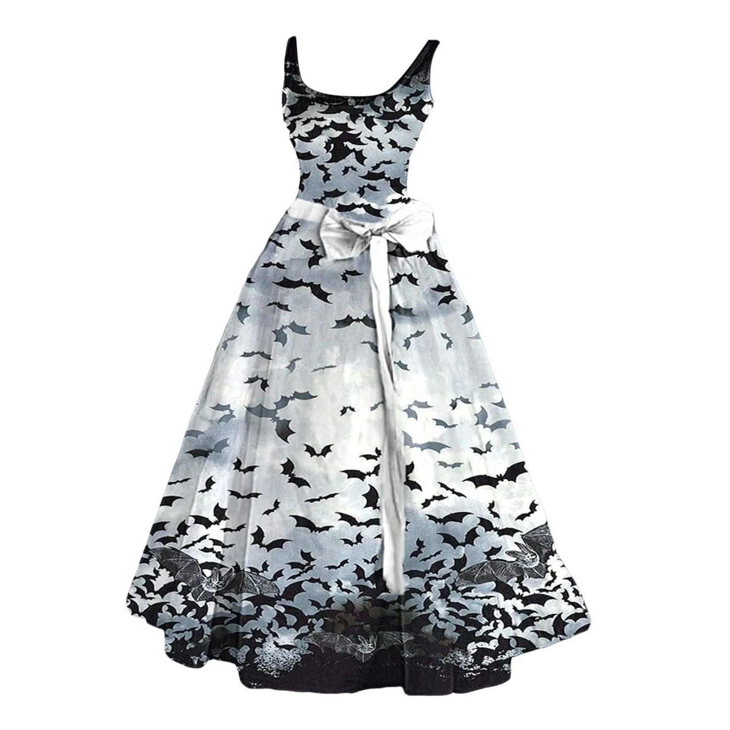 Funny Printed Sleeveless Slim-Fit Belted Halloween O Neck Streetwear Party Female Long Lady Skull Dress