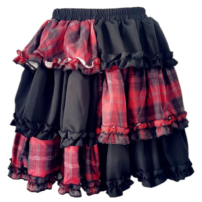 Harajuku Two-dimensional Dark Petticoat Cosplay Red Plaid Stitching High Waist A-line Spice Girl Rock Skirt