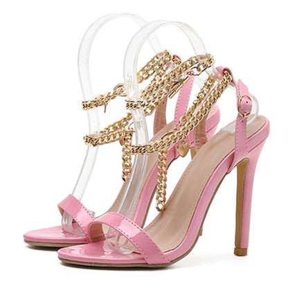 High Quality Pink Patent Leather Summer Open Toe Metal Chain High Heel