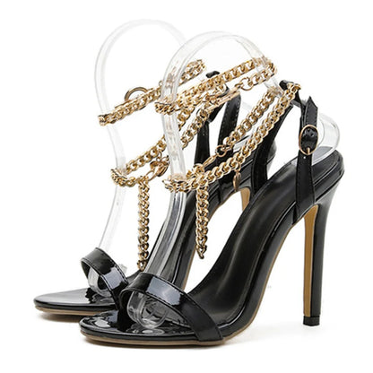 High Quality Pink Patent Leather Summer Open Toe Metal Chain High Heel