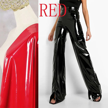 High Waist Faux Latex Wide Leg Casual Stretch Loose Hem Split Office Clubwear Pants