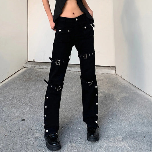 Hippie Cool Straight Punk Trendy Metal Buckle Side Split Black Belted Pants