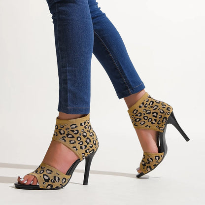 Hot Designer Knitted High Heel Open Toe Sexy Leopard Print High Heel