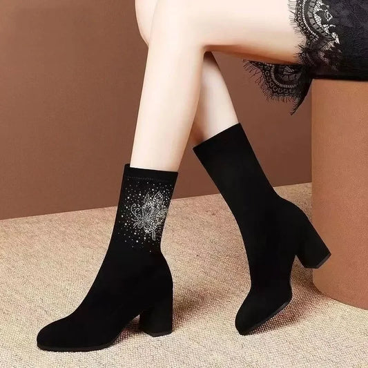 Hot Rhinestone Design Fashionable Black Suede Classic Pointed Toe Block Heels Ankle Boot