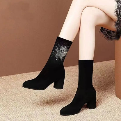 Hot Rhinestone Design Fashionable Black Suede Classic Pointed Toe Block Heels Ankle Boot