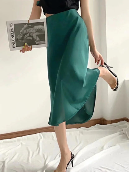 Solid Satin Elastic Waist Summer Slim A-Line Skirt