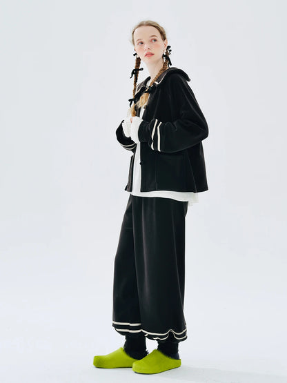 Original Autumn Winter Long Lapel Striped Black Single Coat