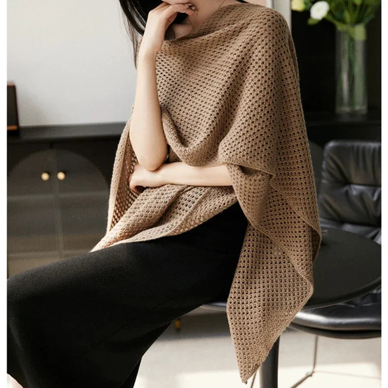 Solid Knitted Loose Office Shawl Hollow Cardigan Cape Sweater