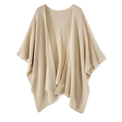 Solid Knitted Loose Office Shawl Hollow Cardigan Cape Sweater