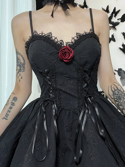 Goth Print Rose Lace Up A Line Fairy Grunge Backless V Neck Summer Party Dress