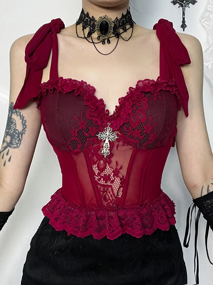 Gothic Floral Lace Mesh Corset V Neck Adjustable Strap Camisole Crop Top