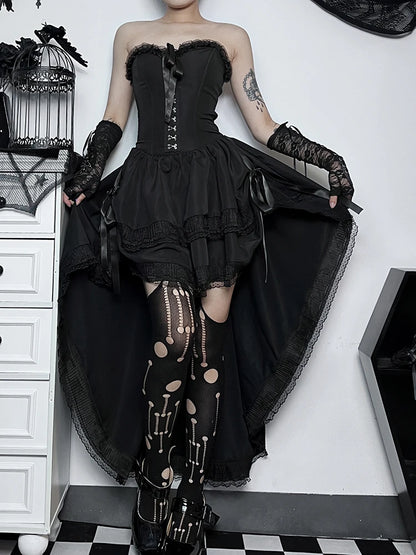 Gothic Hi Low Corset Swing Lace Trim Sleeveless Bodycon Strapless Evening Dress