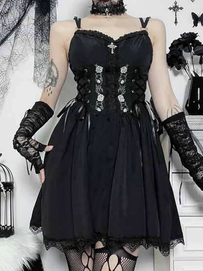 Gothic Sexy Black V Neck Lace Up Y2K Grunge Punk High Waist Lace Trim Party Dress