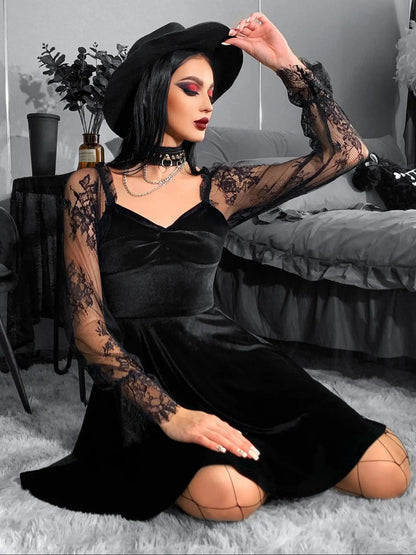 Velvet Lace Lantern Sleeve Twisted 40s 50s Retro V Neck Backless Bodycon Goth Dress