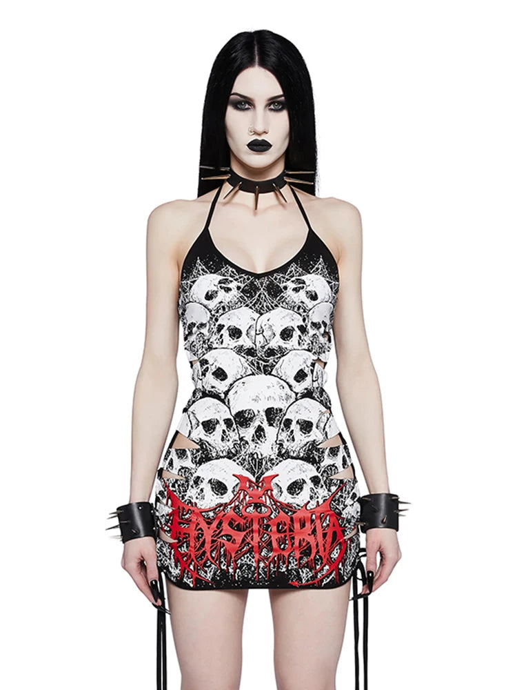 Y2K Skull Print Plus Size Punk Hollow Out Sleeveless Strap Drawstring Sling Party Cami Dress