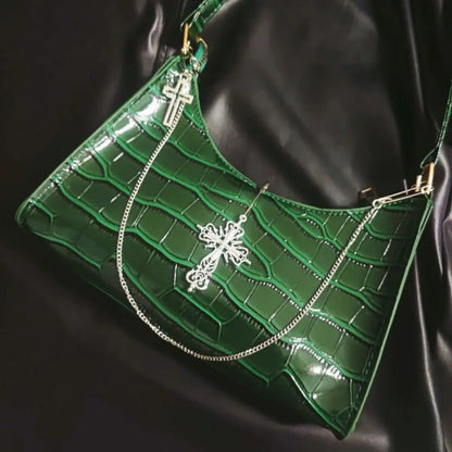 Punk Gothic Y2k High Street Cross Chains Crocodile Pattern Green Underarm Bag