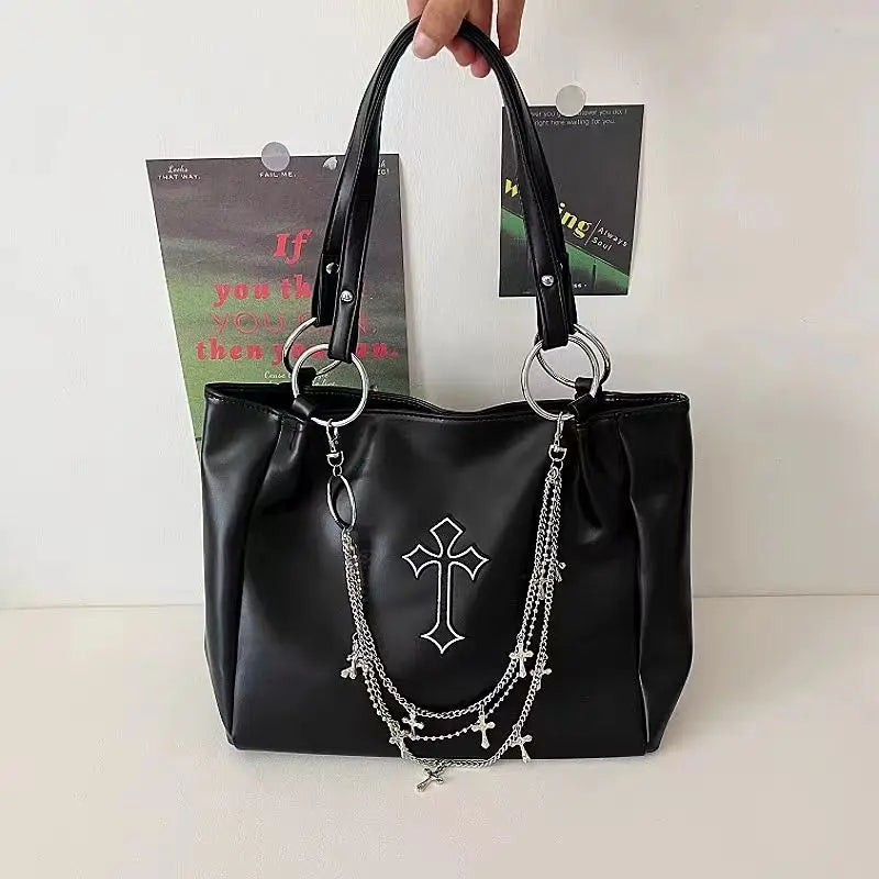 Y2K Grunge Gothic Cross PU Leather Large Capacity Vintage Tote Bag