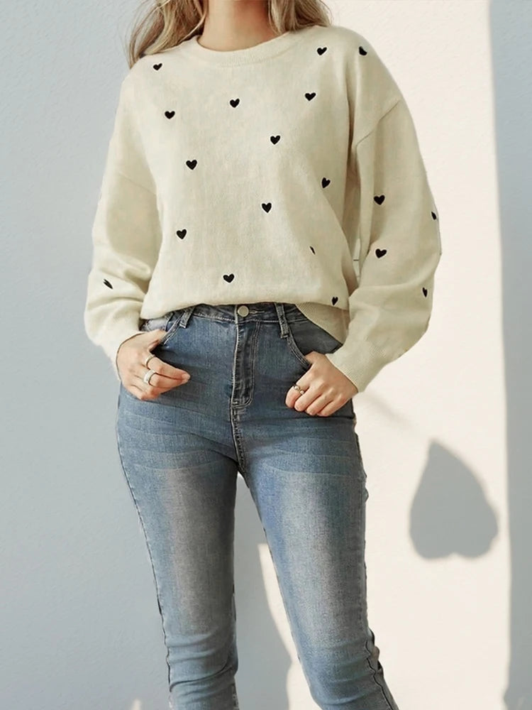 Autumn Winter Love Printed Fresh Solid Casual Pullover Sweater