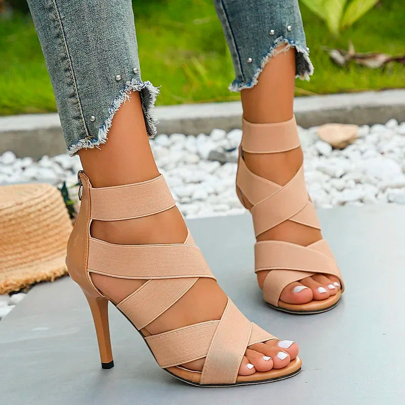 Stylish Khaki Super High Heel Sexy Open Toes Elastic Crossover Zipper High Heel