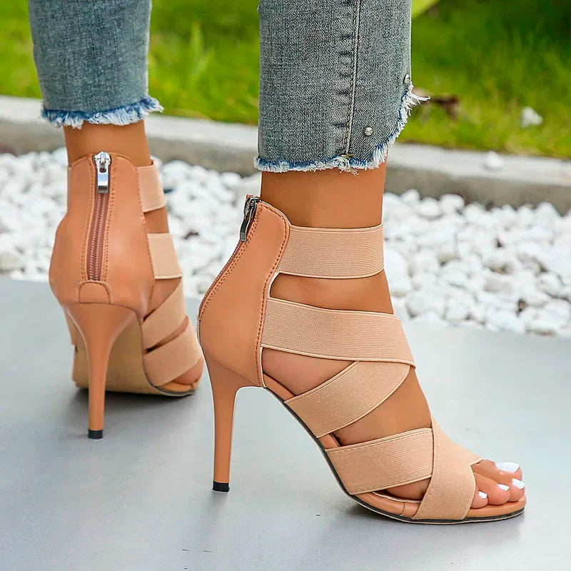 Stylish Khaki Super High Heel Sexy Open Toes Elastic Crossover Zipper High Heel