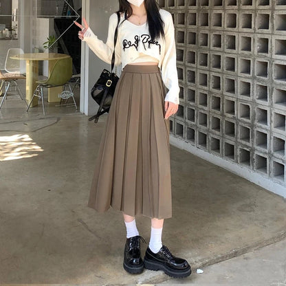 DressBetty - Preppy Style Back Elastic Pleated Long Skirt