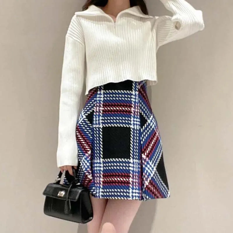 igh Waist Slim Contrast Color Plaid Kawaii Mini Skirt