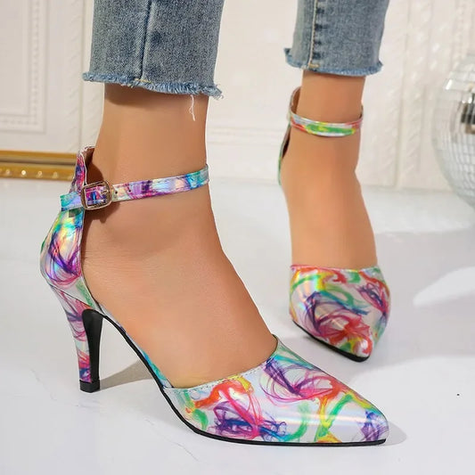 Fashion Ankle Strap Spring Pointed Toe Mixed Colors Buckle Dress High Heel