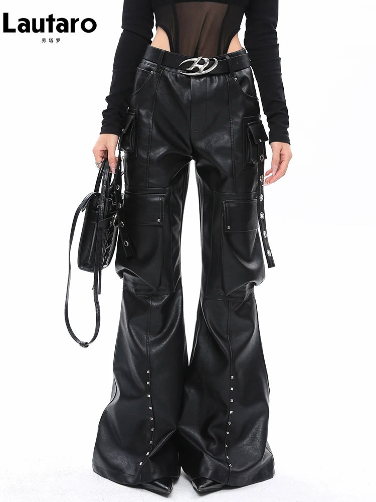 Lautaro Soft Black Baggy PU Leather Cargo Pants for Women