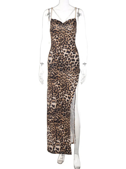 Leopard Chain Strap Side Slit Bodycon Streetwear Festival Evening Midi Dresses