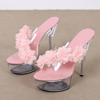 2024 New Fashion Pink Flowers Transparent High Heel High Heel