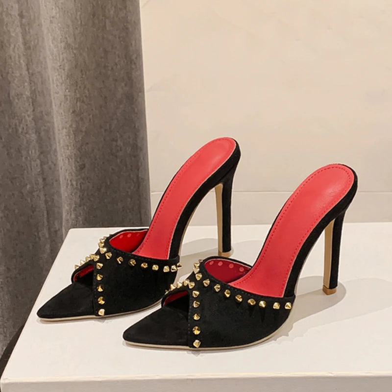 Trendy  Summer Fashion Metal Rivet Designer High Heel Mules High Heel